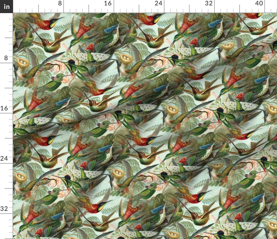 Vintage Hummingbird Wild Birds Botanical Nature Victorian Green Aqua Custom Printed Fabric by Spoonflower Various Fabrics by the Yard or Fat Quarter