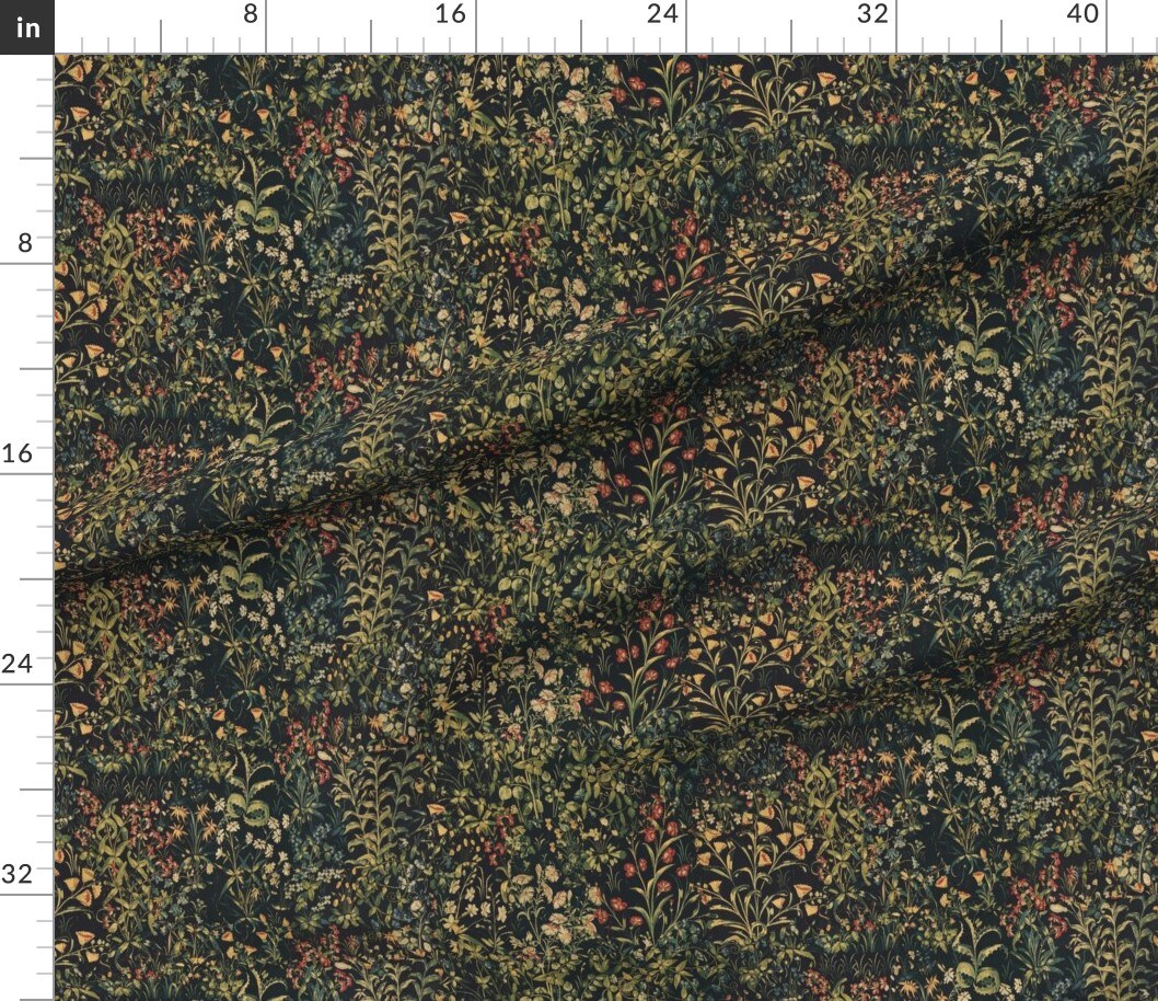 Unicorn Floral Spring Night Medieval Antique Garden Kitchen Castle Custom Printed Fabric by Spoonflower Various Fabrics by the Yard or Fat Quarter