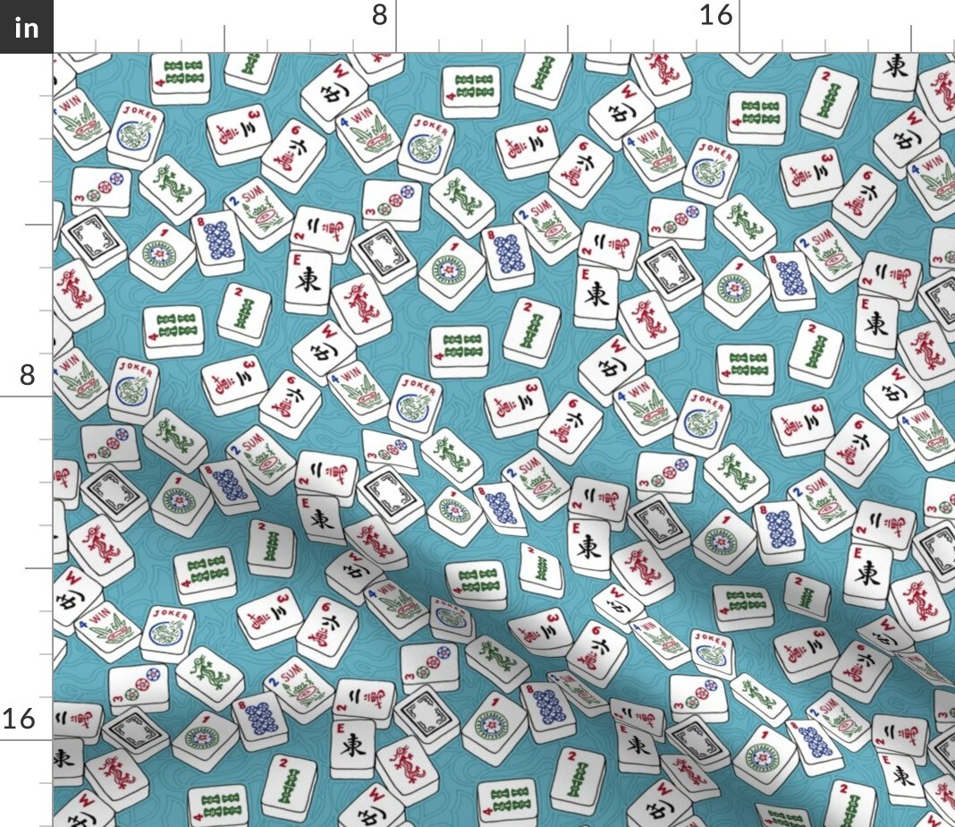 Mahjong Tiles Game Aqua Background Chinese Gambling Custom Printed Fabric by Spoonflower Various Fabrics by the Yard or Fat Quarter