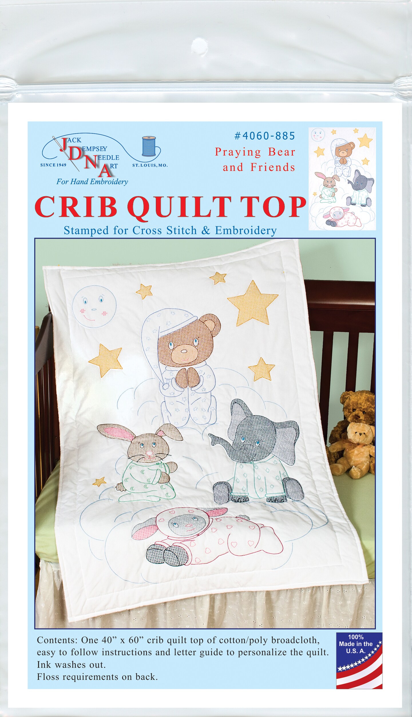 Jack Dempsey Stamped White Quilt Crib Top 40&#x22;X60&#x22;-Praying Bear &#x26; Friends