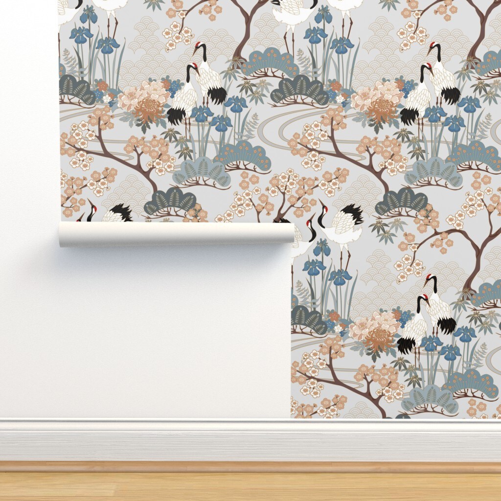 Japanese Garden Light Grey Asian Floral Birds Custom Removable Wallpaper by Spoonflower Peel & Stick Wallpaper 2FT Wide