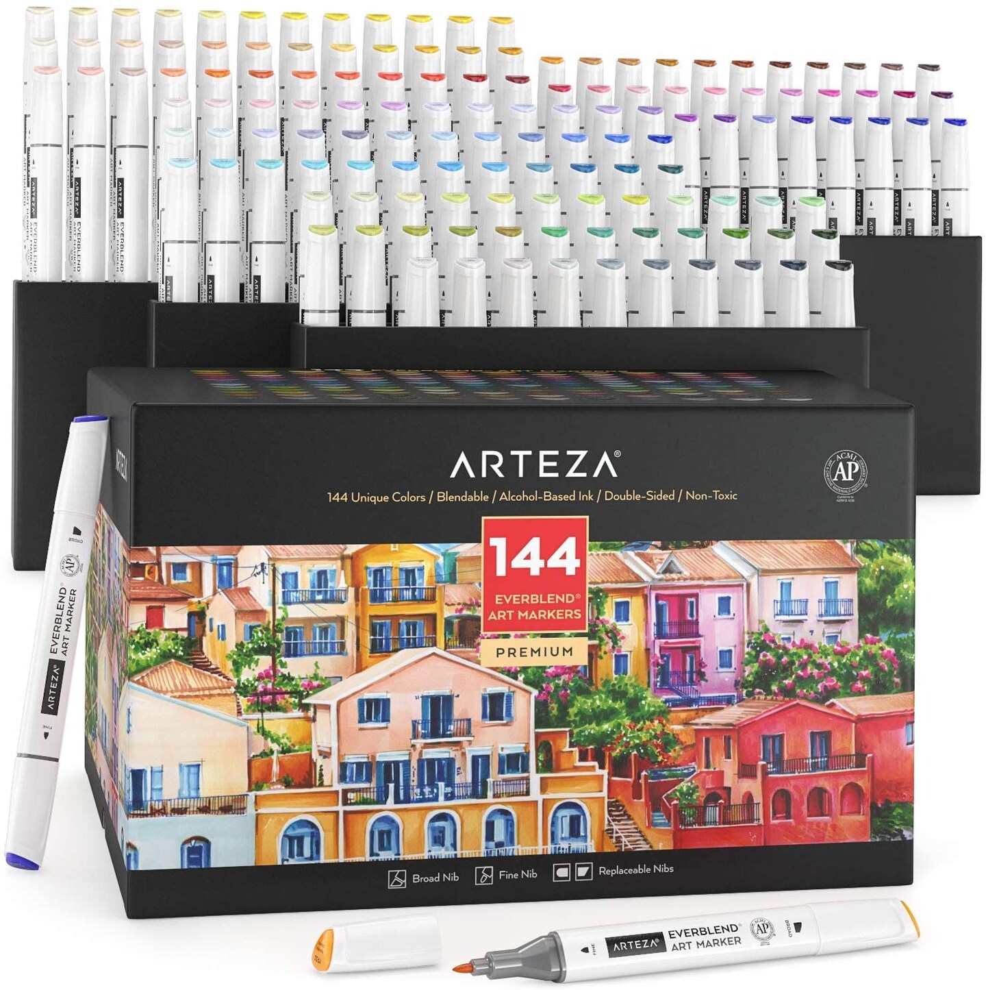 Arteza Professional EverBlend Dual Tip Ultra Artist Brush Sketch Markers, Assorted Colors, Alcohol-Based, Replaceable Tips - 144 Pack