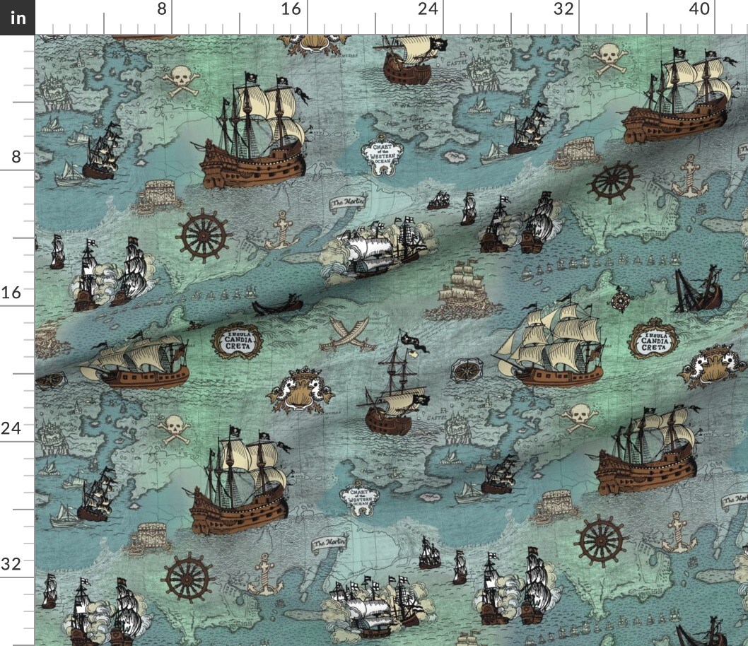 Pirate, Map, Ships, Blue, Big, Ocean, Anchor, Sailor, Nautical, Sea Custom Printed Fabric by Spoonflower Various Fabrics by the Yard or Fat Quarter