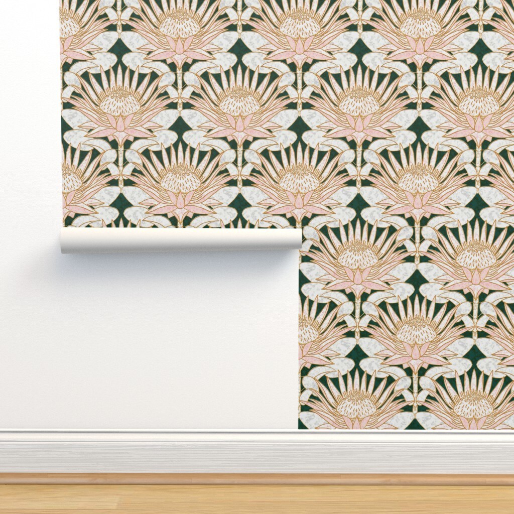 Art Deco Marble Look Nouveau Forest Green Blush Pink King Protea Custom Removable Wallpaper by Spoonflower Peel & Stick Wallpaper 2FT Wide