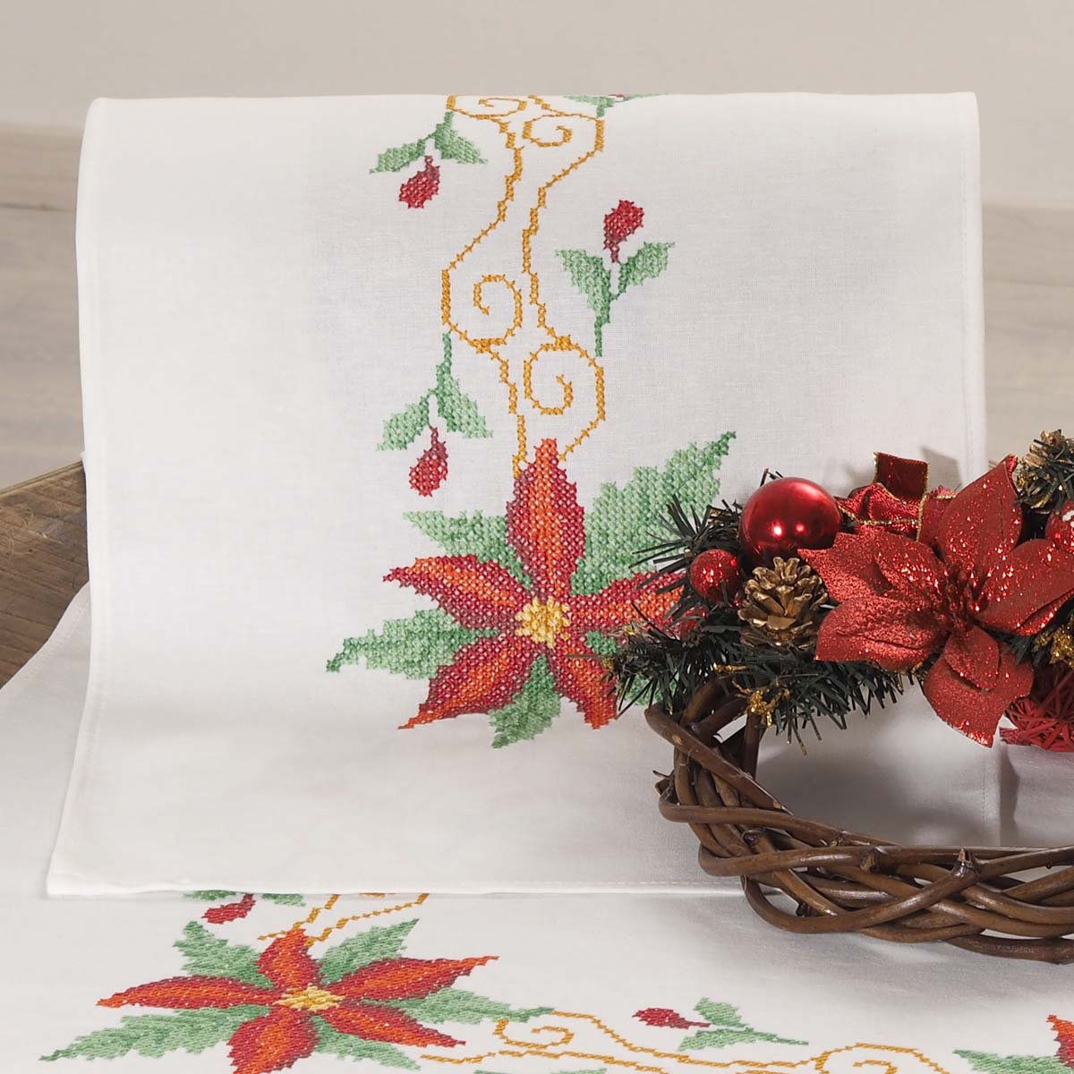 Nob Hill Poinsettia Table Runner Stamped Cross-Stitch Kit