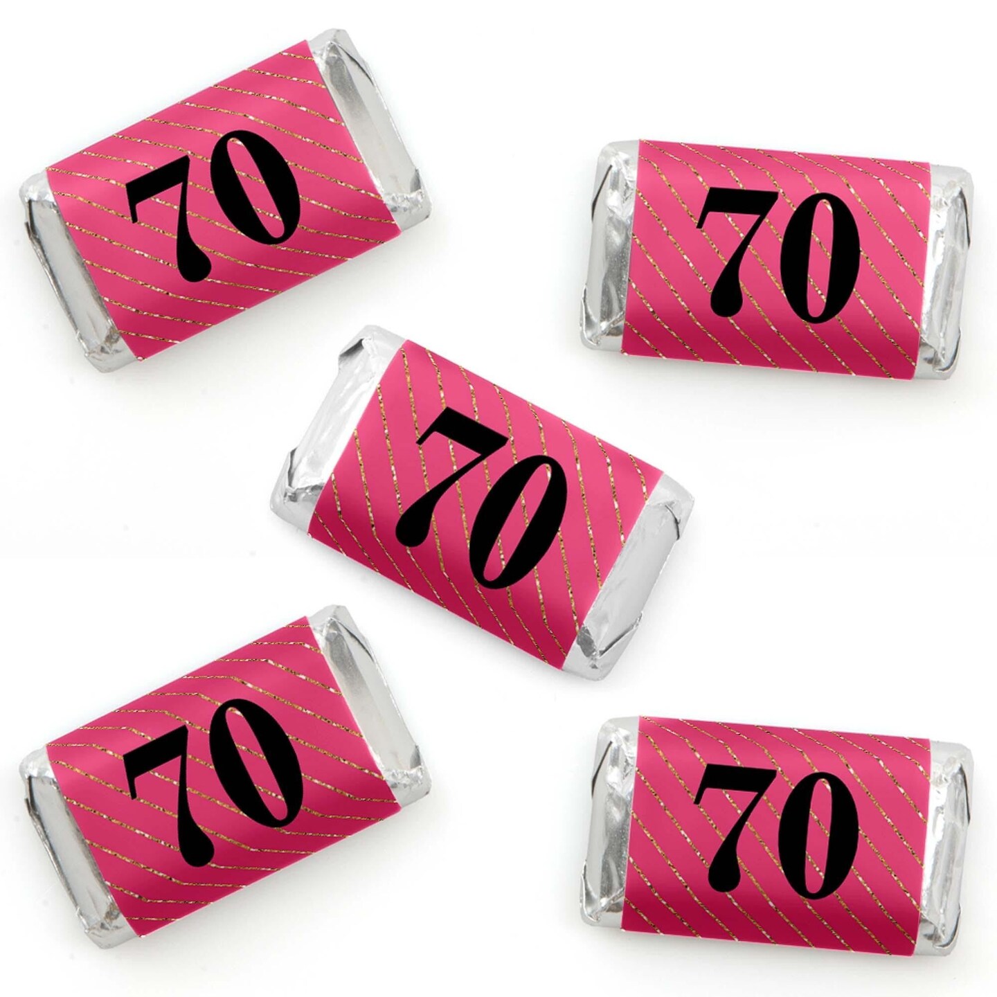 Big Dot of Happiness Chic 70th Birthday - Pink, Black and Gold - Mini Candy Bar Wrapper Stickers - Birthday Party Small Favors - 40 Count