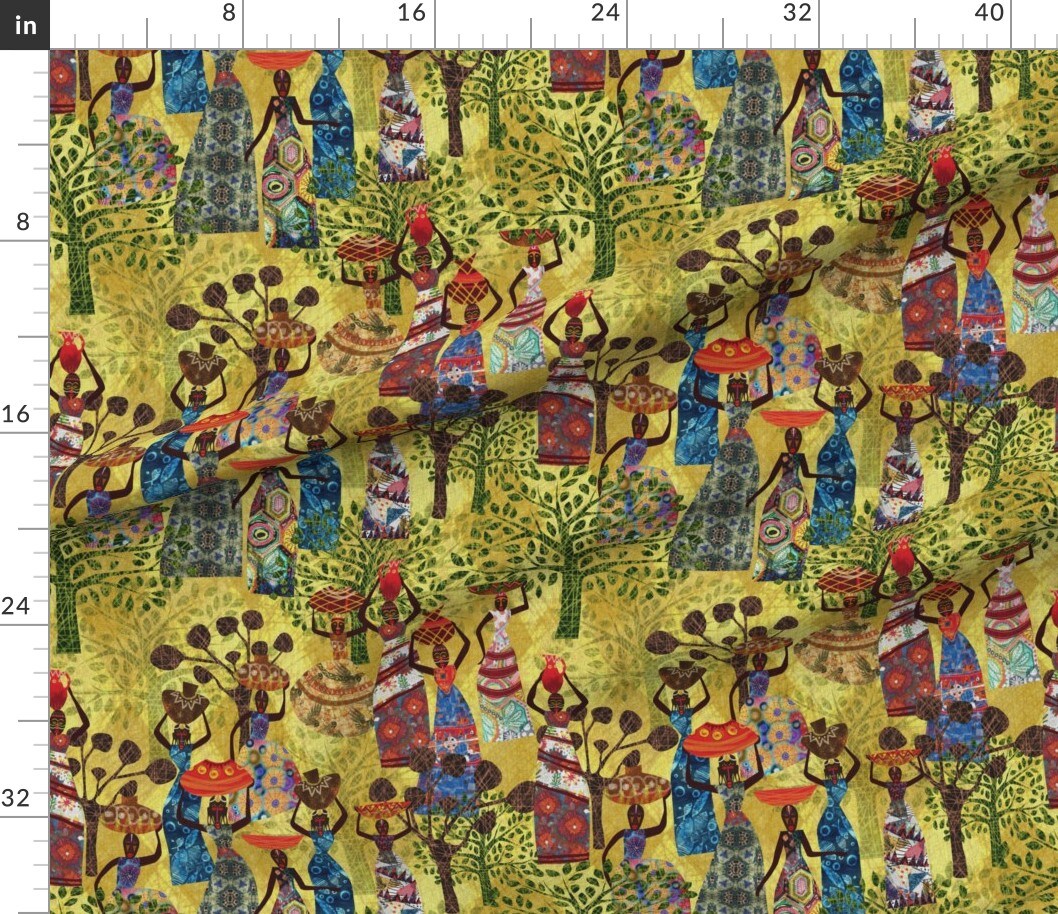 Women Africa Life Folklore Tribal Mythical Dancing Bohemian African Art Autumn Festival Custom Printed Fabric by Spoonflower Various Fabrics by the Yard or Fat Quarter