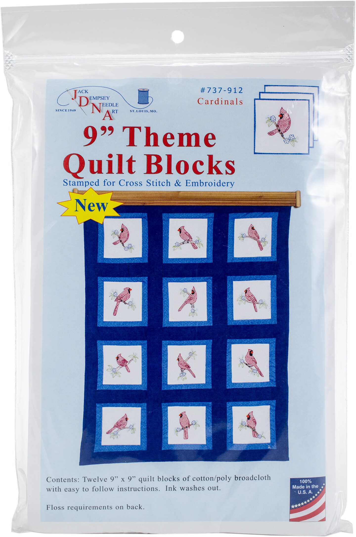 Jack Dempsey Themed Stamped White Quilt Blocks 9&#x22;X9&#x22; 12/Pkg-Cardinals