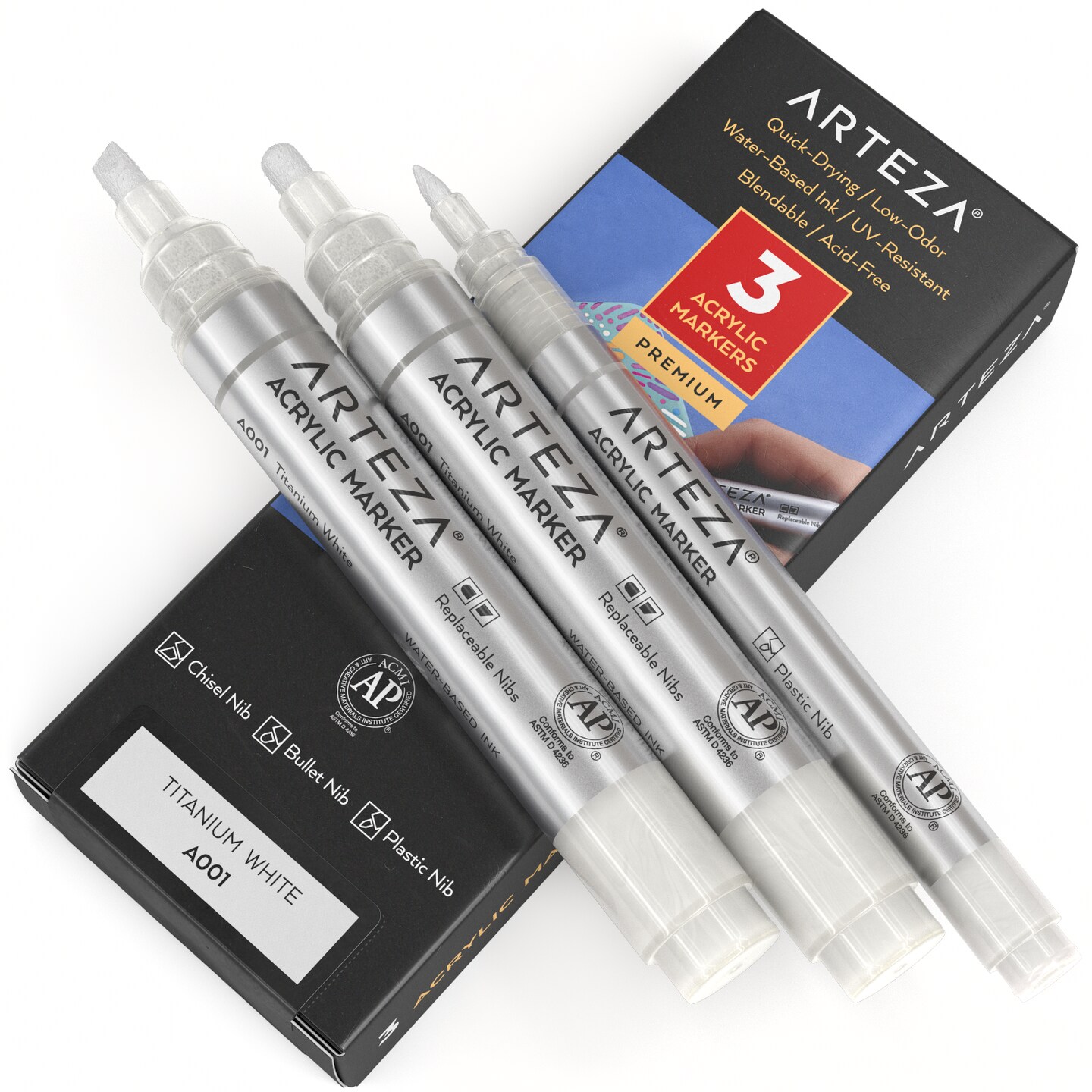 Arteza 3 Pack Acrylic Markers, A001 Titanium White, Big Barrel and Small Barrel Plastic Nib