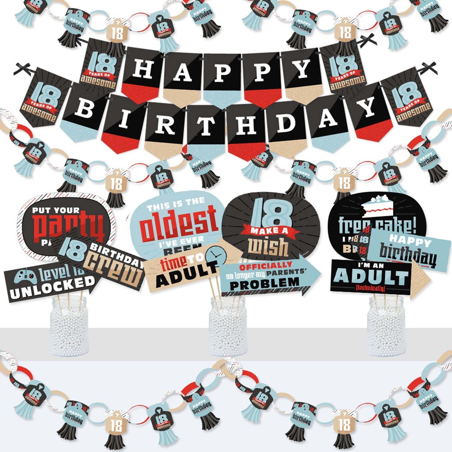 Big Dot of Happiness Boy 18th Birthday - Banner and Photo Booth Decorations - Eighteenth Birthday Party Supplies Kit - Doterrific Bundle