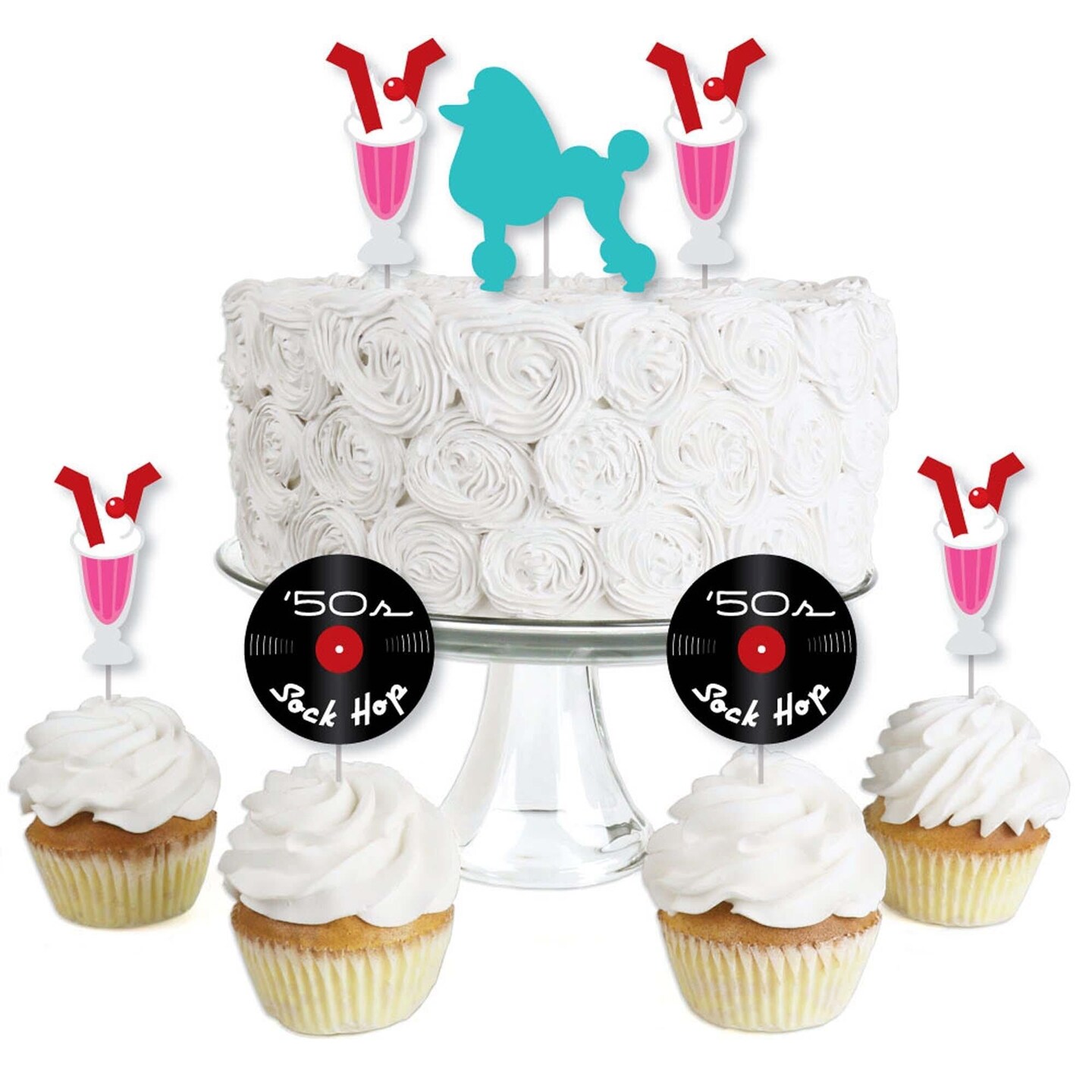 Big Dot of Happiness 50's Sock Hop - Dessert Cupcake Toppers - 1950s Rock N Roll Party Clear Treat Picks - Set of 24
