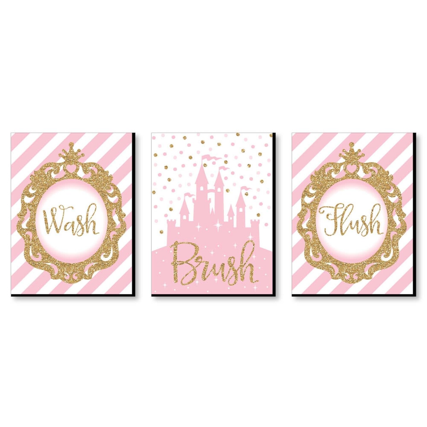 Big Dot of Happiness Little Princess Crown - Kids Bathroom Rules Wall Art - 7.5 x 10 inches - Set of 3 Signs - Wash, Brush, Flush