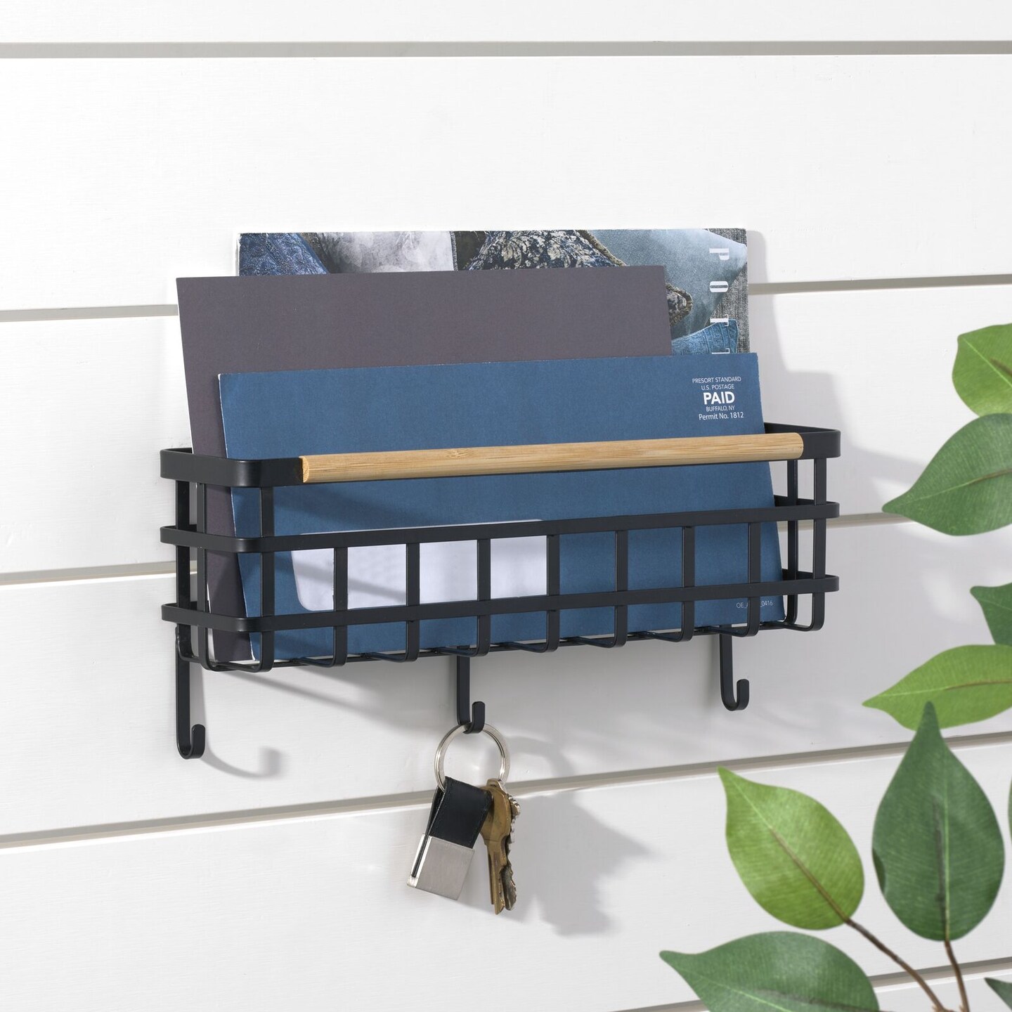 mDesign Metal/Bamboo Wall Mount Mail/Key Holder, 5 Hooks