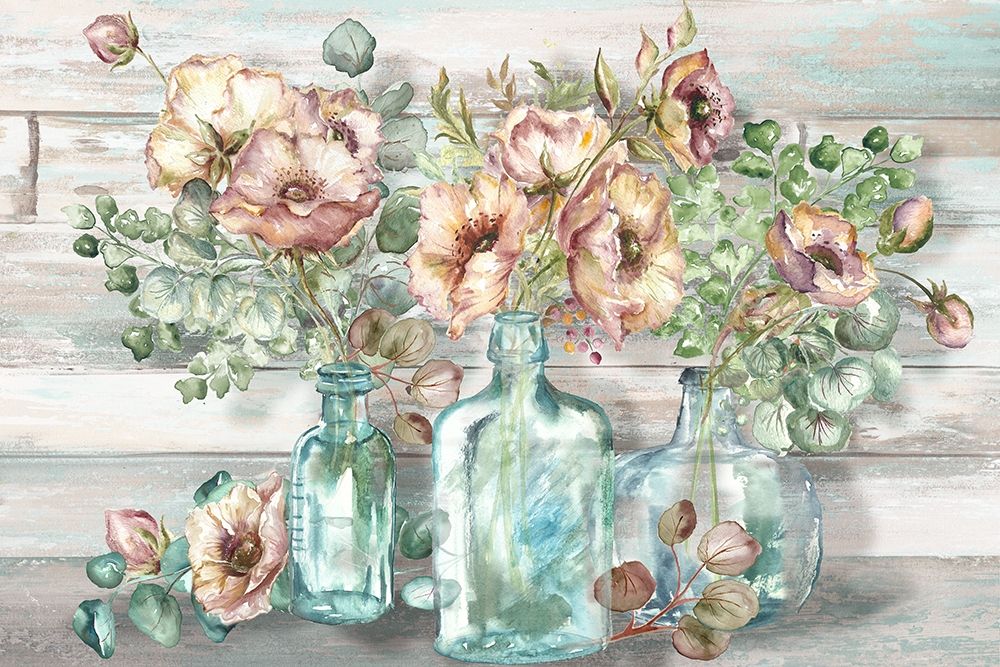 Blush Poppies and Eucalyptus in bottles landscape Poster Print by Tre Sorelle Studios - Item # VARPDXRB12694TS