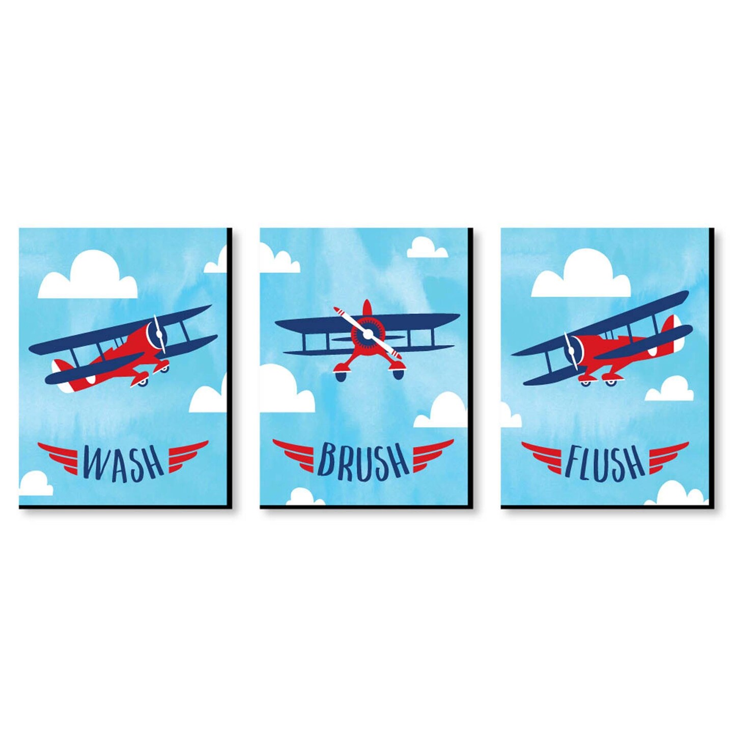 Big Dot of Happiness Taking Flight - Airplane - Kids Bathroom Rules Wall Art - 7.5 x 10 inches - Set of 3 Signs - Wash, Brush, Flush