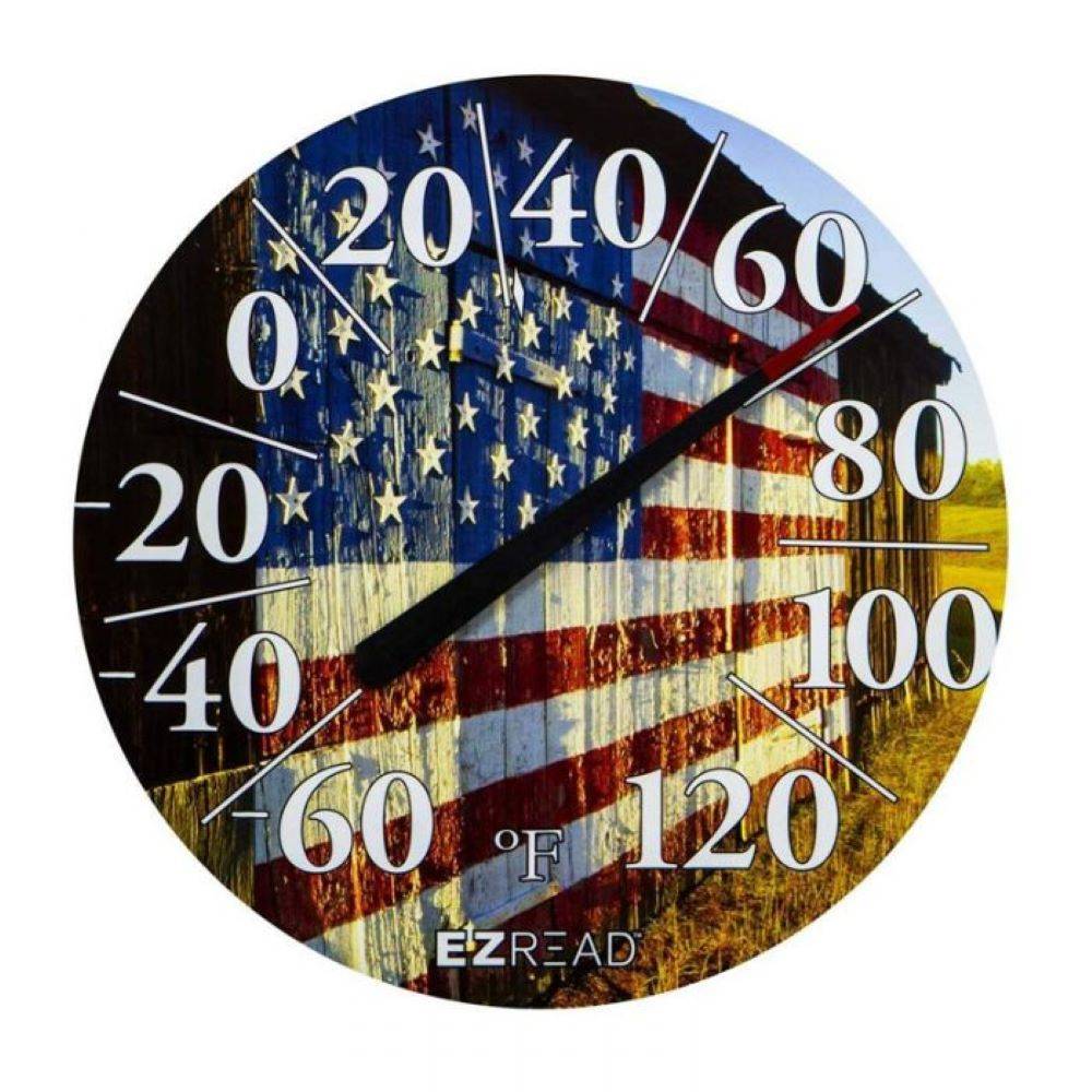 EZREAD Hanging Dial Thermometer - Weather Thermometers for Indoor and Outdoor Use, Large 12.5 Inch Diameter, Easy-to-Read Numbers, American Flag on Barn
