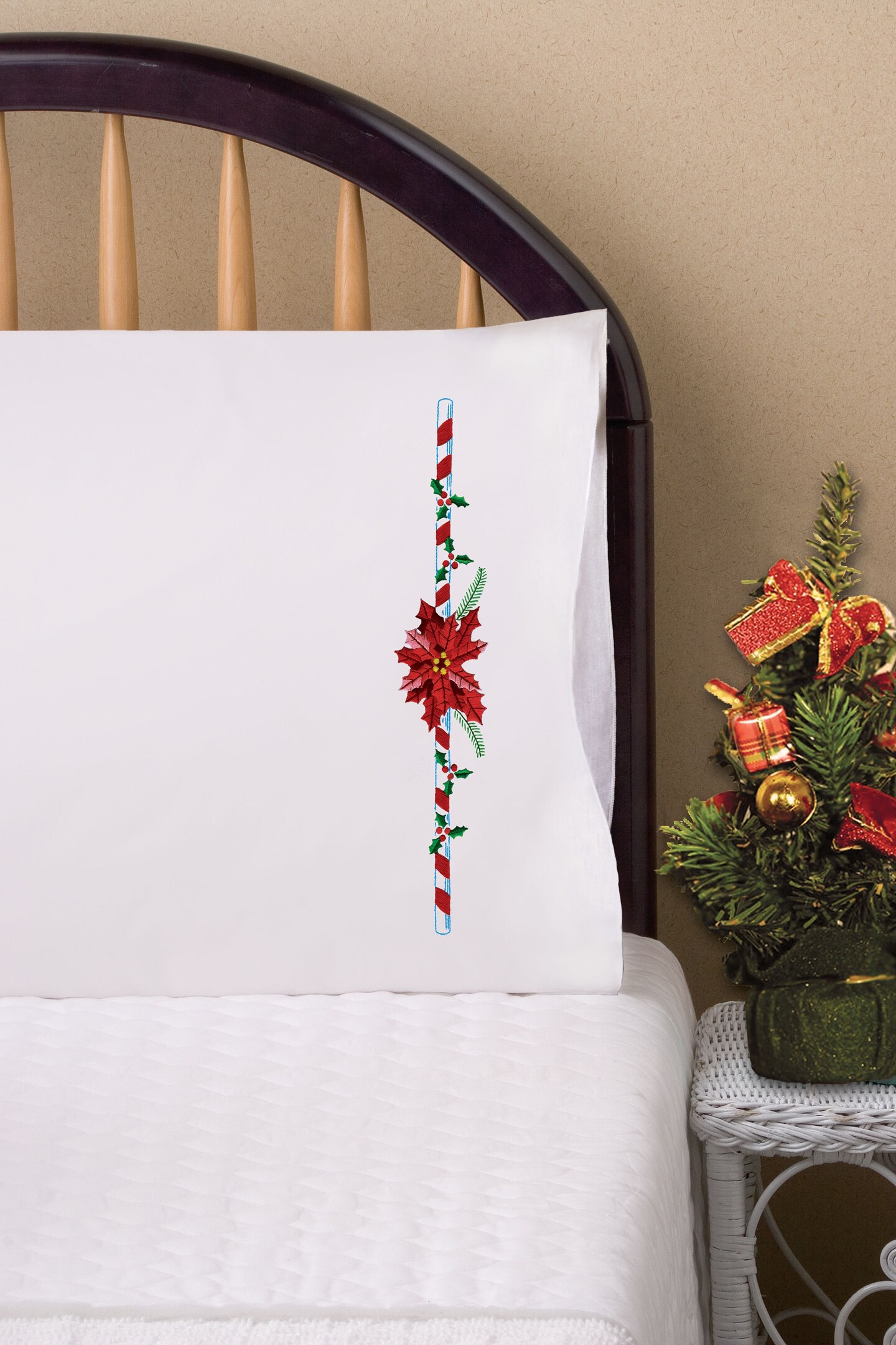 Tobin Stamped Pillowcase Embroidery Kit - Christmas Lights Design, 20x30 Inch Pair