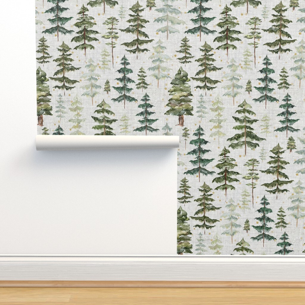 Night Sky Forest Soft Gray Stars Woodland Trees Winter Custom Pre-pasted Wallpaper by Spoonflower Pre-Pasted Wallpaper 2FT Wide