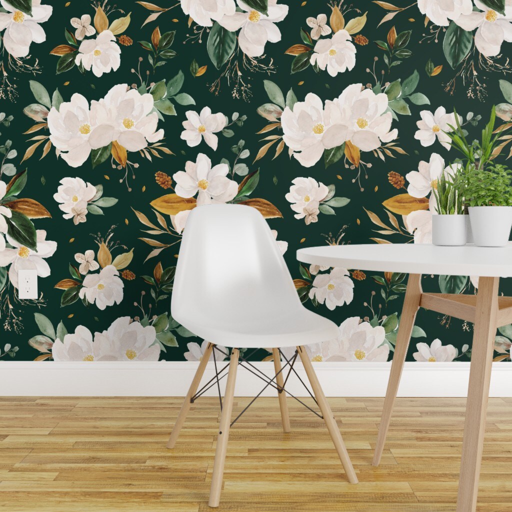 Pre-Pasted Wallpaper 2FT Wide Gold Floral Monstera Green Background ...