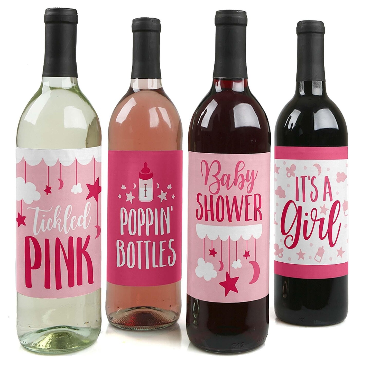Big Dot of Happiness It&#x27;s a Girl - Pink Baby Shower Decorations for Women and Men - Wine Bottle Label Stickers - Set of 4