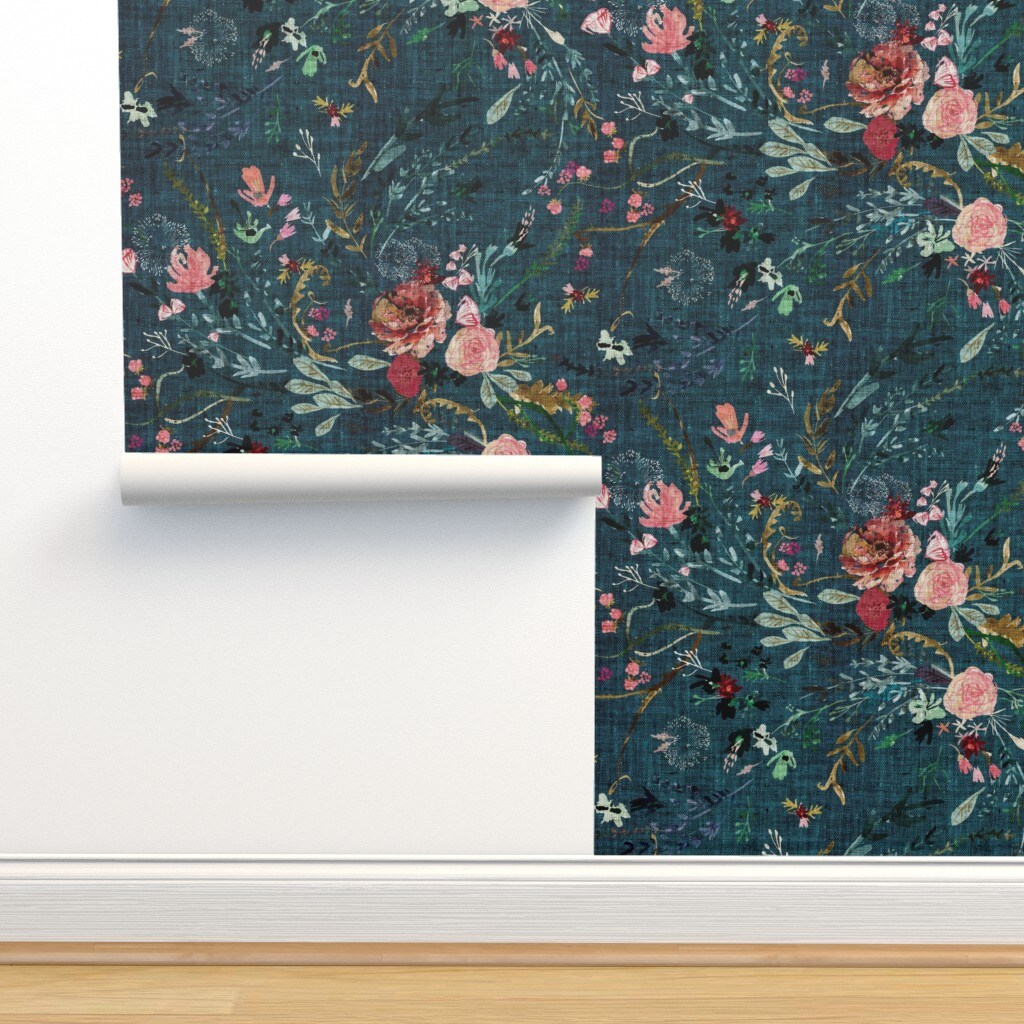Bohemian Floral Boho Botanical Feminine Weathered Rose Print Teal Watercolor Custom Removable Wallpaper by Spoonflower Peel & Stick Wallpaper 2FT Wide