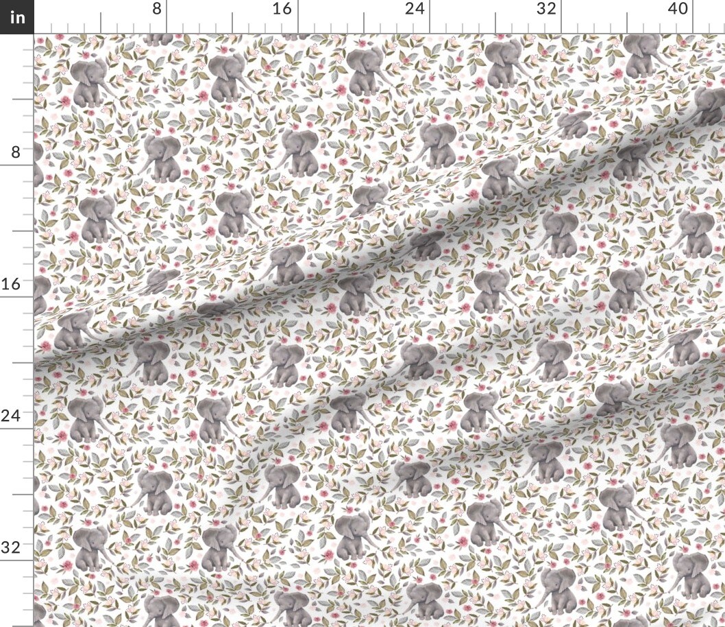 Elephant Crown Mix Match Nursery Girl Pink Roses Spring Floral Safari Animal Watercolor Girly Custom Printed Fabric by Spoonflower Various Fabrics by the Yard or Fat Quarter