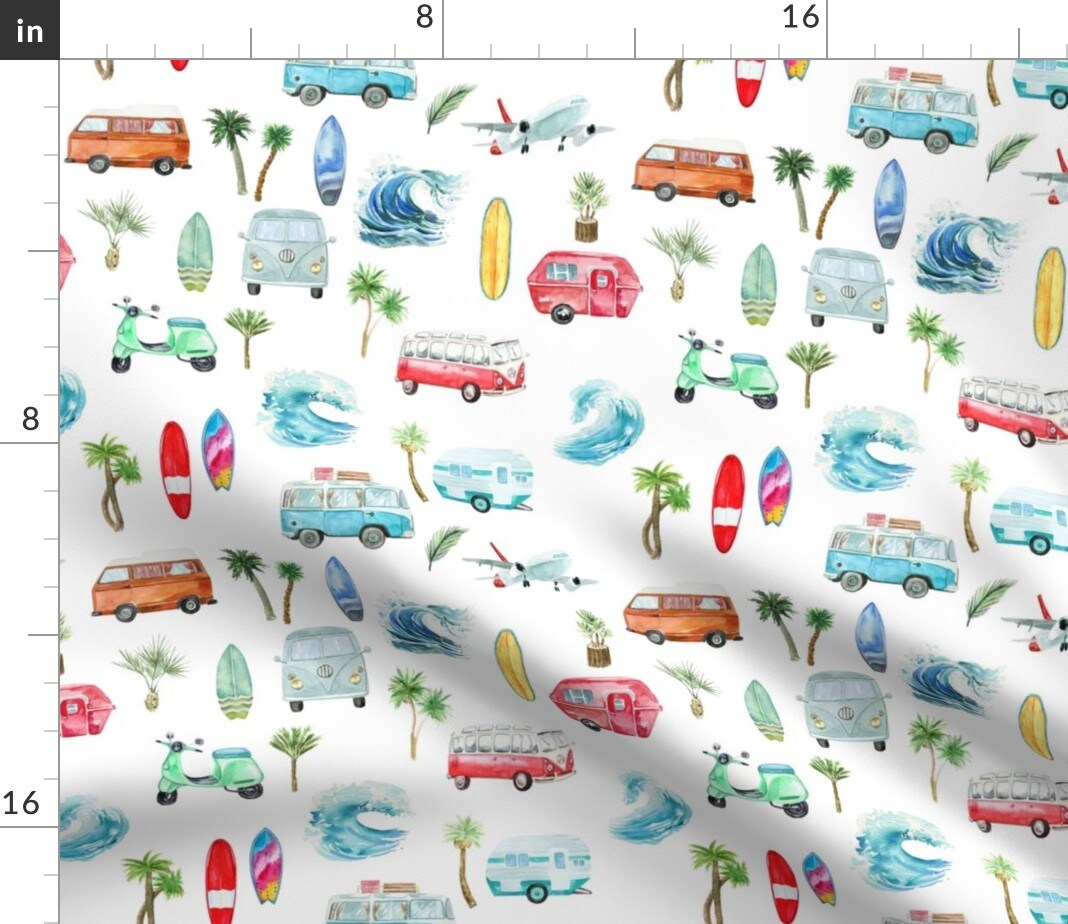 Ocean Vintage Beach White Summer Bus Tropical Nautical Custom Printed Fabric by Spoonflower Various Fabrics by the Yard or Fat Quarter