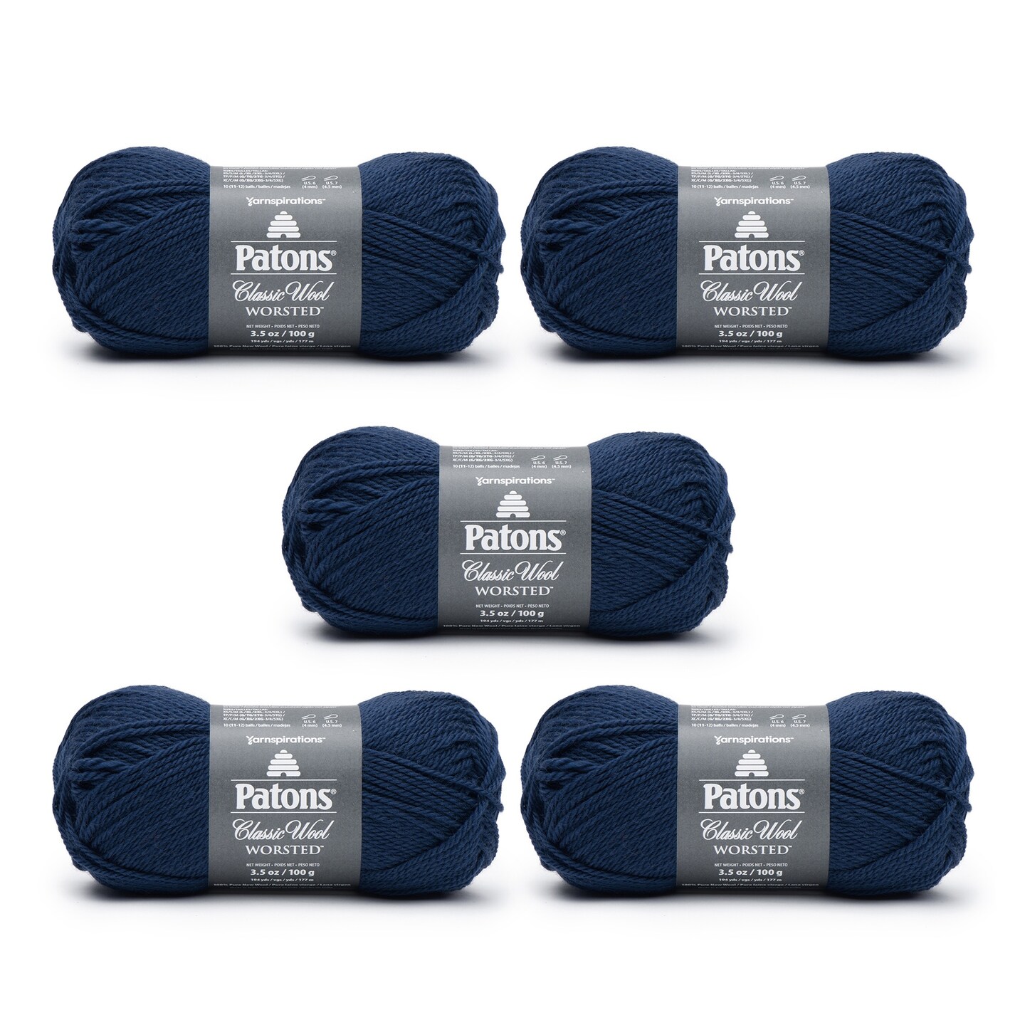 Patons Classic Wool Navy Blue Yarn - 5 Pack of 3.5oz/100g - Wool - 4 Medium - 210 Yards - Knitting/Crochet