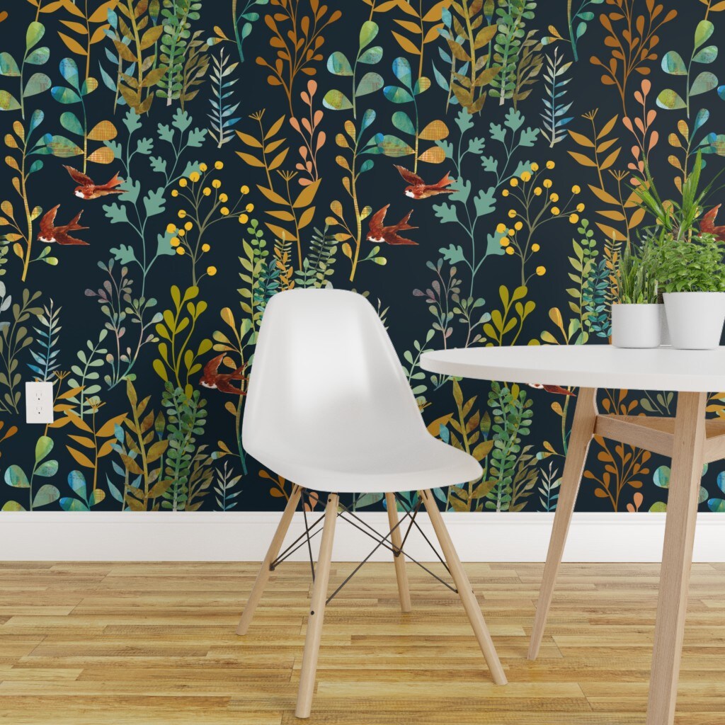 Peel &#x26; Stick Wallpaper 2FT Wide Botanical Watercolor Fern Nature Plant Garden Nursery Custom Removable Wallpaper by Spoonflower