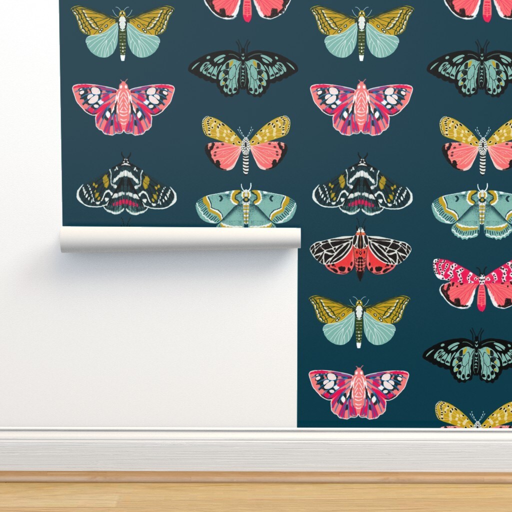 Butterflies Insect Nature Moth Botanical Bugs Girl Pink Custom Removable Wallpaper by Spoonflower Peel & Stick Wallpaper 2FT Wide