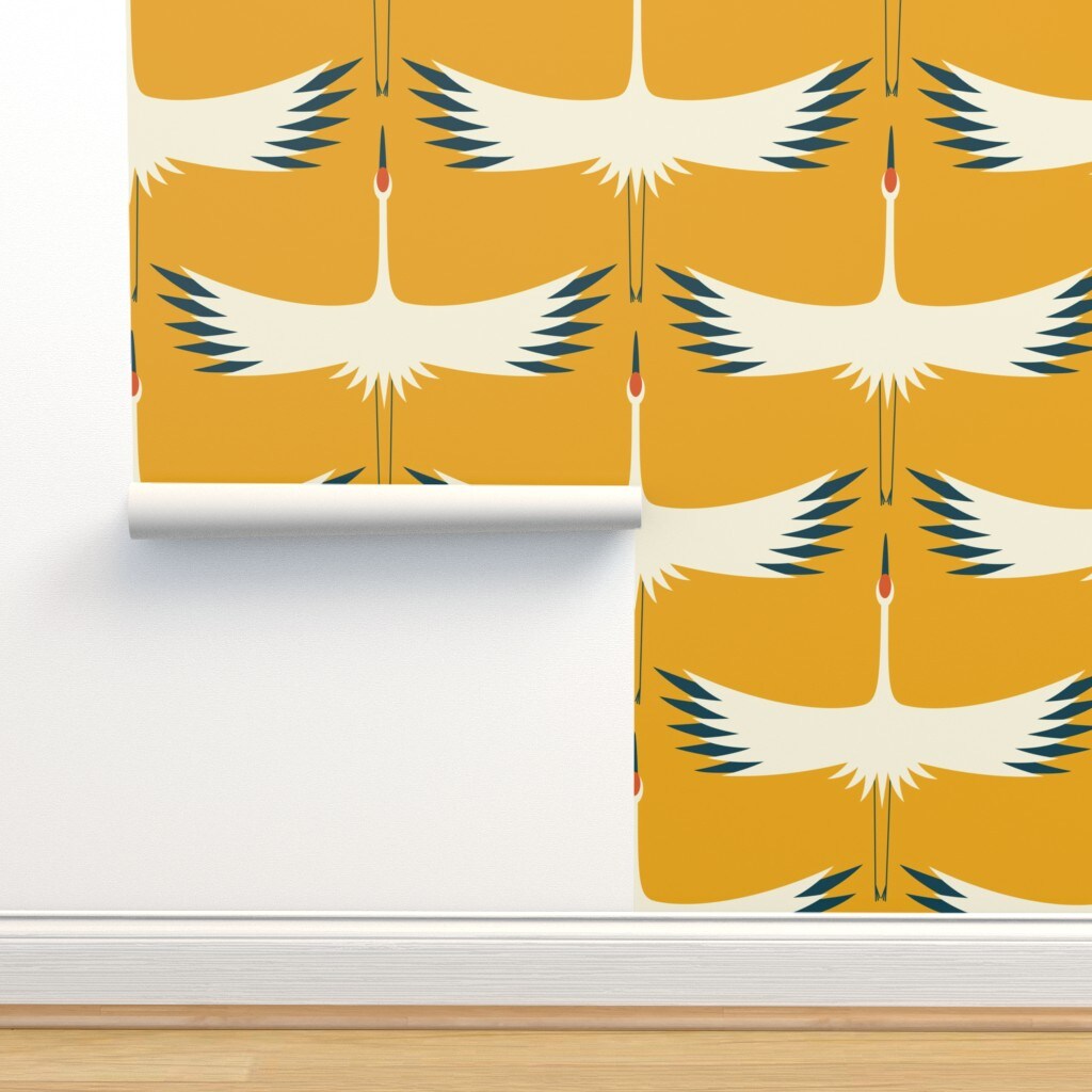 Mid Century Gold Mustard Yellow Retro Traditional Abstract Birds Flying Cranes Custom Pre-pasted Wallpaper by Spoonflower Pre-Pasted Wallpaper 2FT Wide