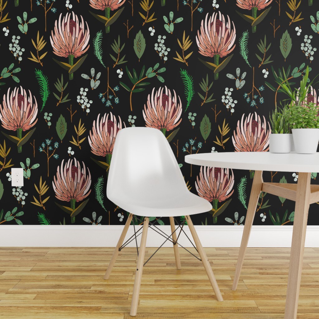 Pre-Pasted Wallpaper 2FT Wide Protea, Botanical, Floral, Study, Black, Large Scale, Leaf, Flower, Botany Custom Pre-pasted Wallpaper by Spoonflower
