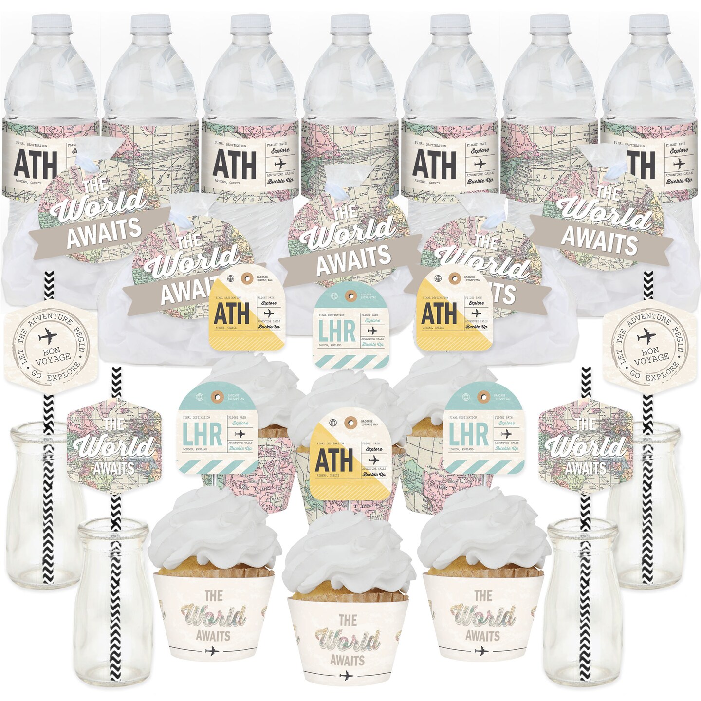 Big Dot of Happiness World Awaits - Travel Themed Party Favors and Cupcake Kit - Fabulous Favor Party Pack - 100 Pieces