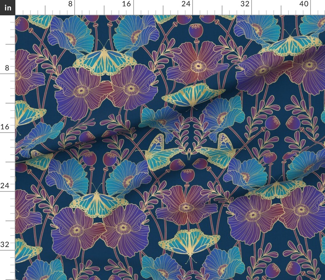 Jewel Tone Poppies Art Nouveau Poppy And Butterfly Blue Aqua Purple Large Scale Floral Custom Printed Fabric by Spoonflower Various Fabrics by the Yard or Fat Quarter