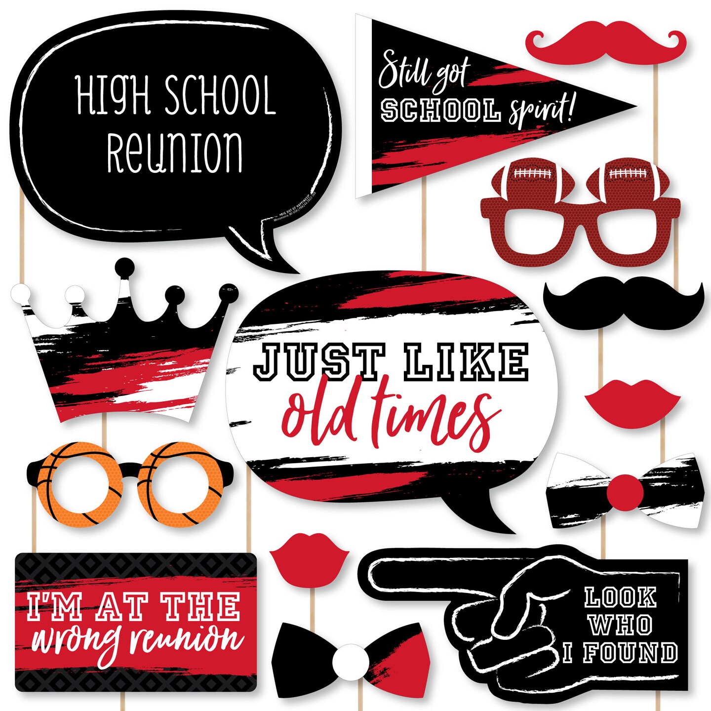 Big Dot of Happiness Reunited Red - School Class Reunion Party Photo Booth Props Kit - 20 Count