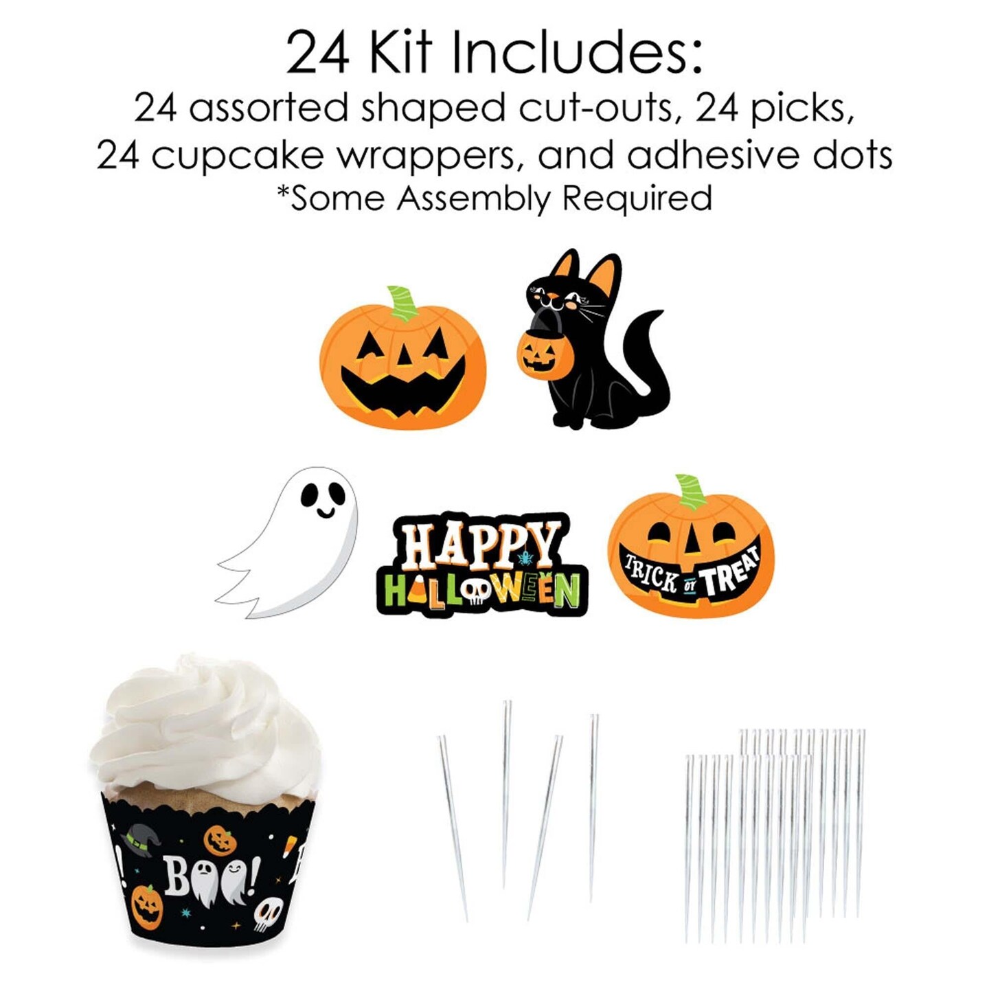 Big Dot of Happiness Jack-O&#x27;-Lantern Halloween - Cupcake Decoration - Kids Halloween Party Cupcake Wrappers and Treat Picks Kit - Set of 24