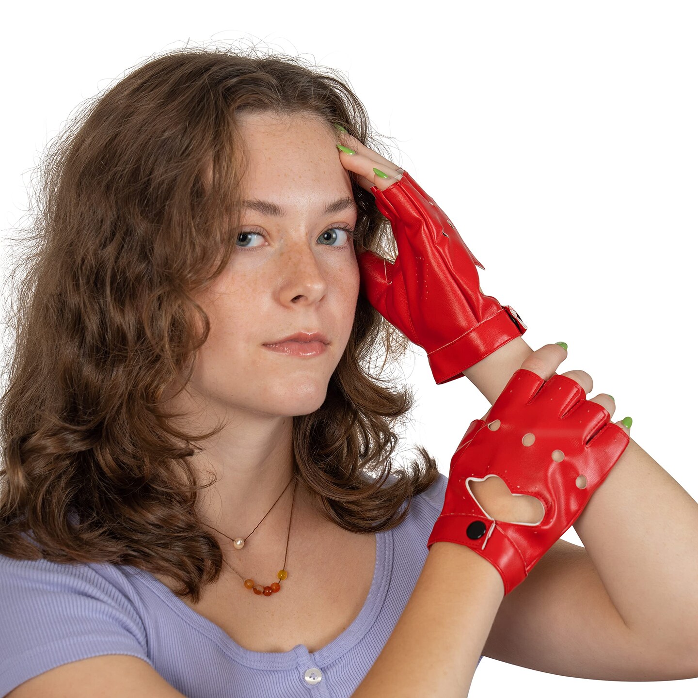 Fingerless Biker Jazz Gloves - 80s Style Gothic Red Faux Leather Punk Biker Gloves with Heart Cutout for Women and Kids
