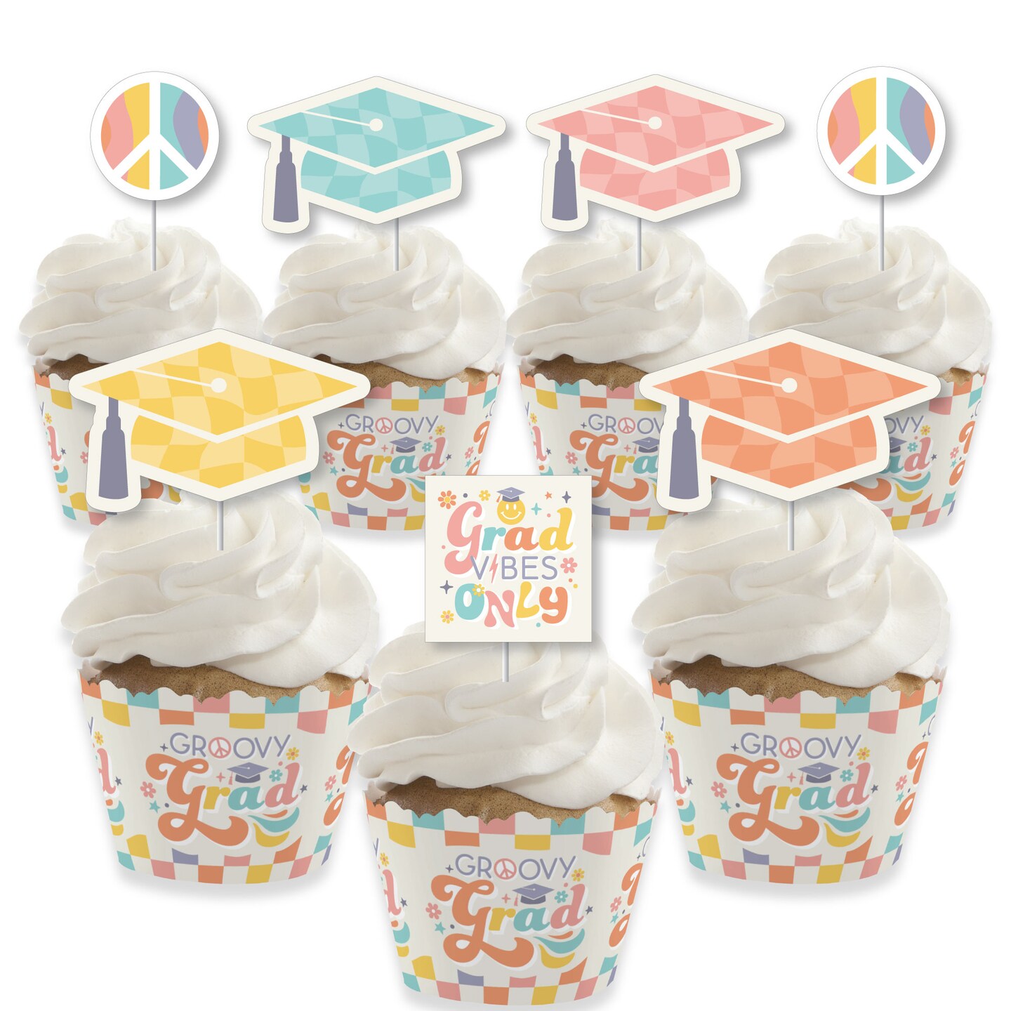Big Dot of Happiness Groovy Grad - Cupcake Decoration - Hippie Graduation Party Cupcake Wrappers and Treat Picks Kit - Set of 24