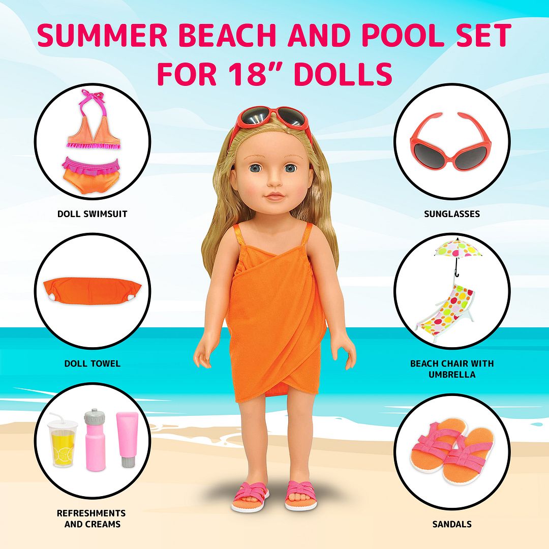 Summer Beach and Pool Set for 18 in Dolls, 10 Piece Accessories Set, Playset Includes Baby Doll Swimsuit, Umbrella, Beach Chair, Sunglasses, and More by Beverly Hills Doll