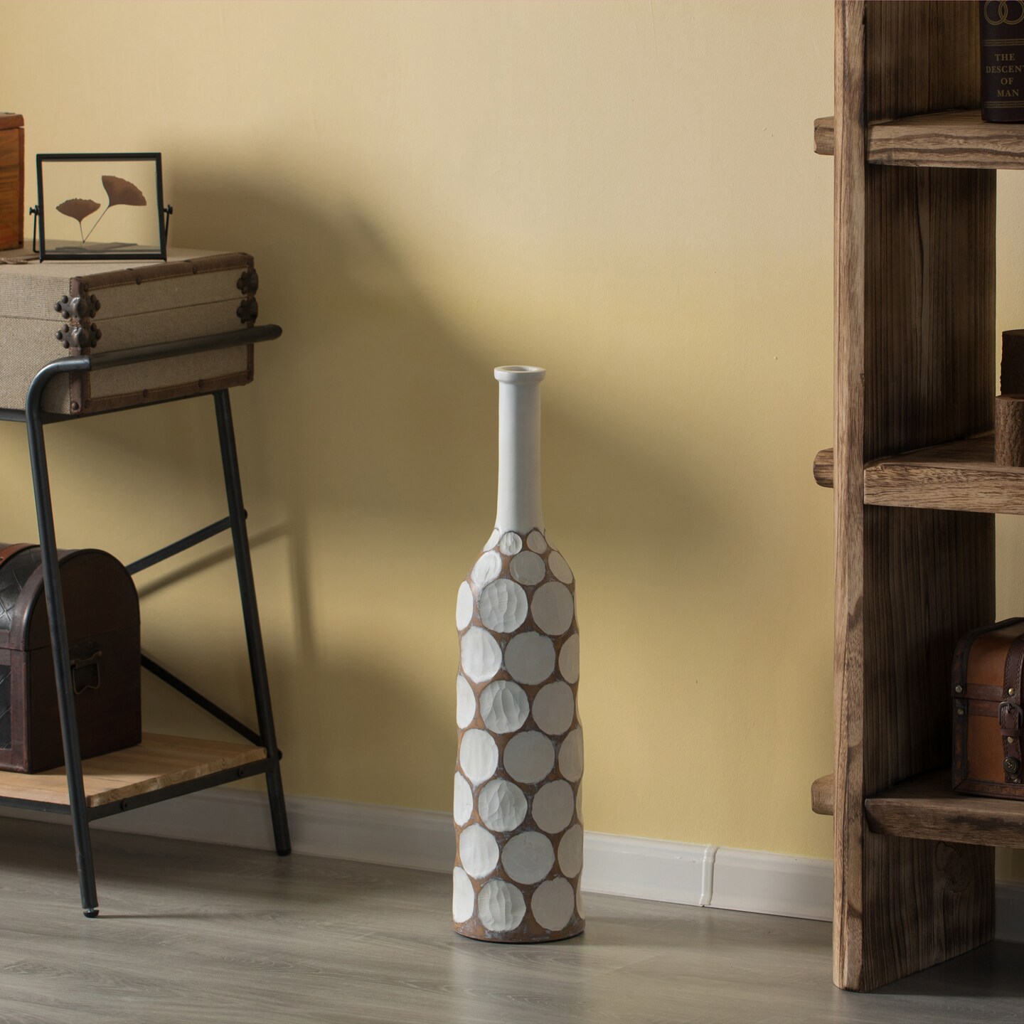 Decorative Contemporary Floor Vase White Carved Divot Bubble Design with Tall Neck