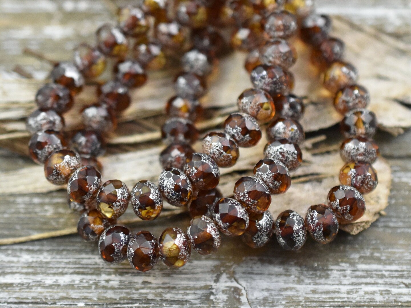 *25* 5x7mm Silver Mercury Washed Root Beer Topaz  Fire Polished Rondelle Beads