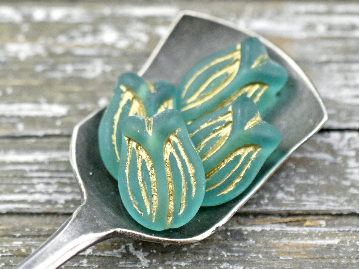 *6* 16x11mm Bronze Washed Matte Green Aqua Tulip Beads