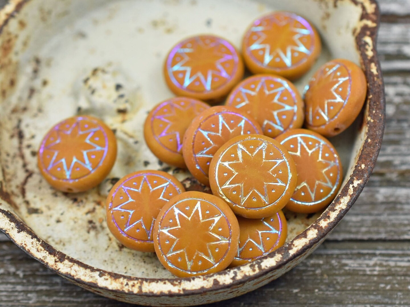 *6* 13mm Matte Opaque Ocre AB Ishtar Coin Beads Michaels