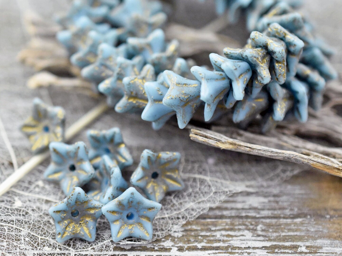 *25* 5x8mm Gold Washed Etched Blue Turquoise Bell Flower Beads