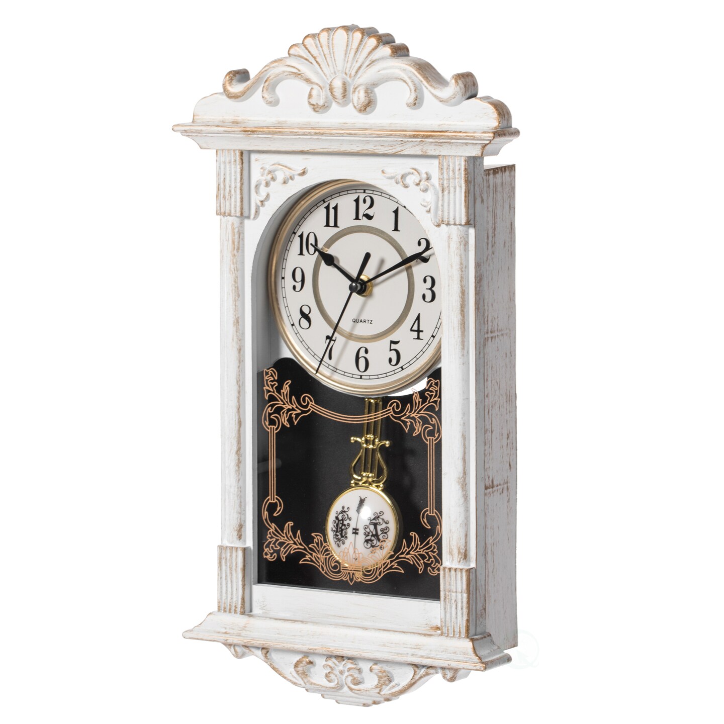 Clockswise Vintage Grandfather Wood-Looking Plastic Pendulum Decorative Battery Operated Wall Clock Brown, for Office, Home Decor, Living Room, Kitchen, or Dining Room