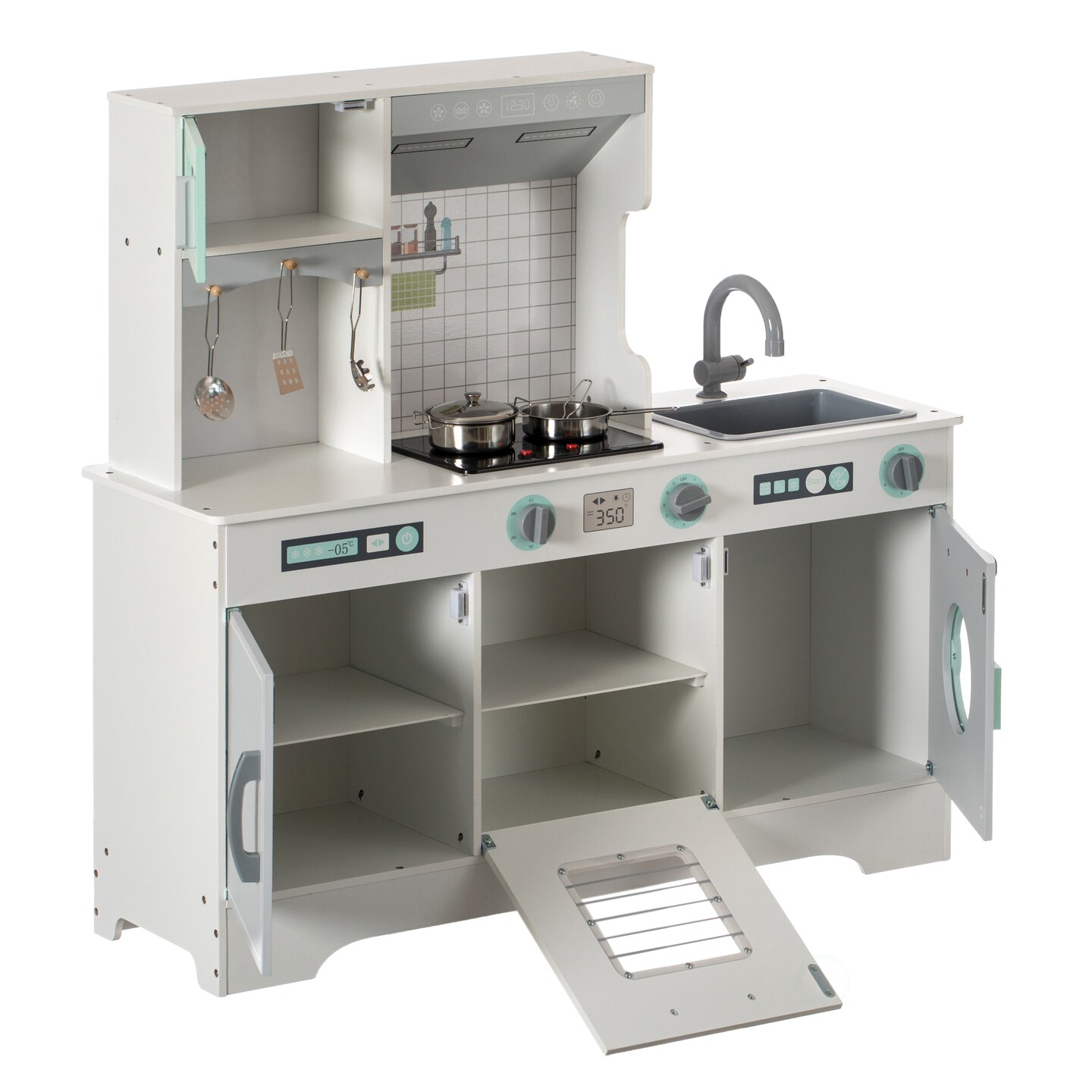 Wooden Play Kitchen Toy, Light on Microwave, Cabinet, Washer, Sound Electronic Stove, Microwave and Sink Ages 3+