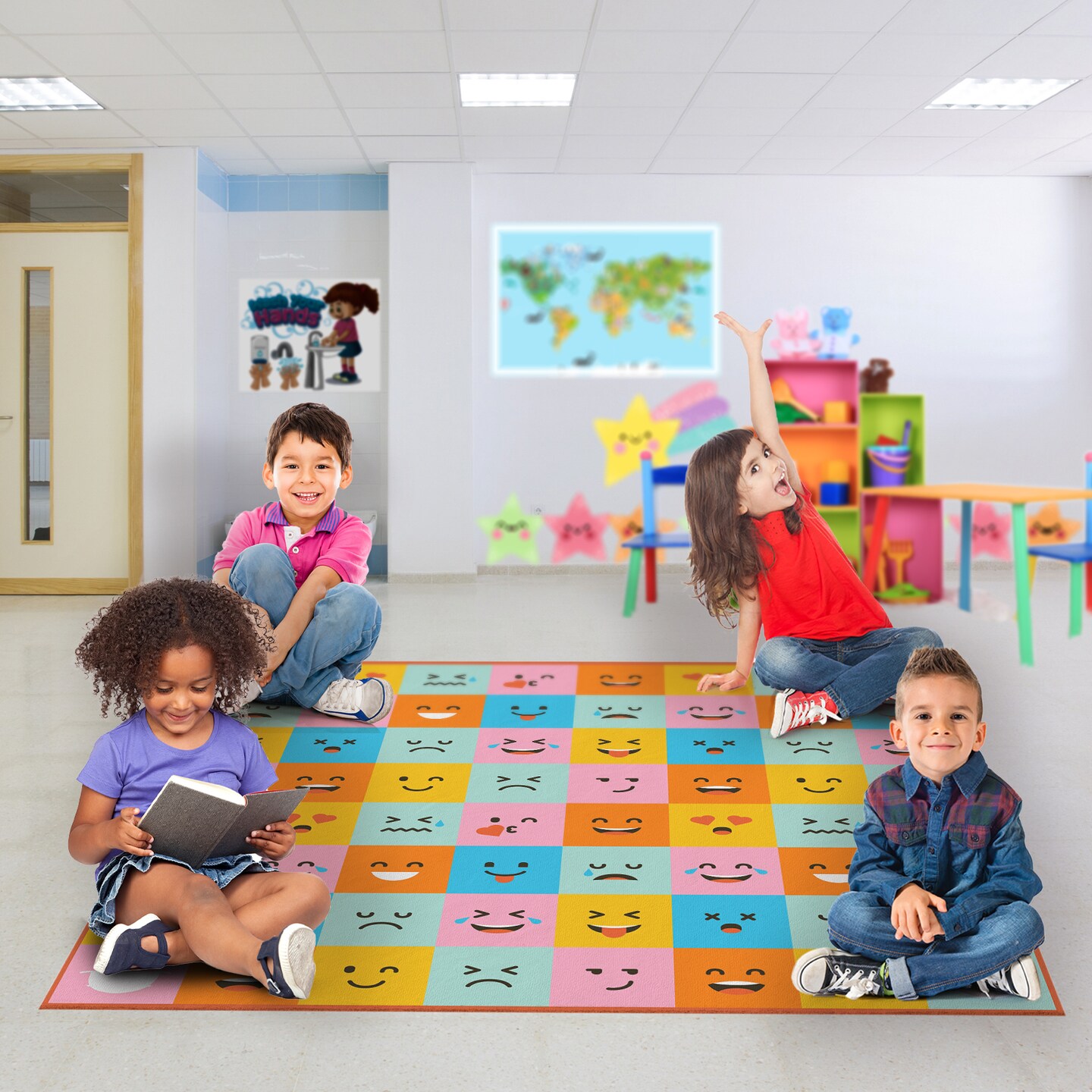 Deerlux 6 ft. Social Distancing Colorful Kids Classroom Seating Area Rug, Emoji Mask Design
