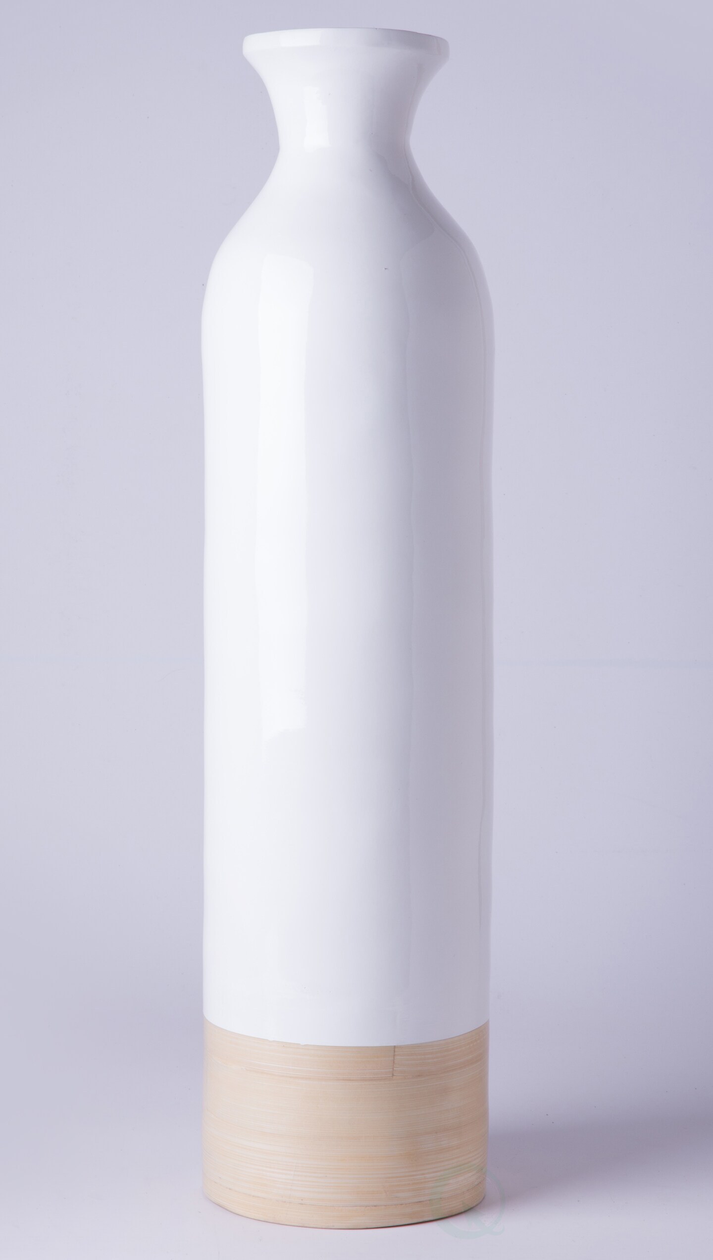Elegant Black or White Cylinder Shaped Tall Spun Bamboo Floor Vases, Embellished with a Glossy Lacquer, and Enhanced with Natural Bamboo Finish - Stylish Home Decor, Heights of 31 and 23.5 Inches
