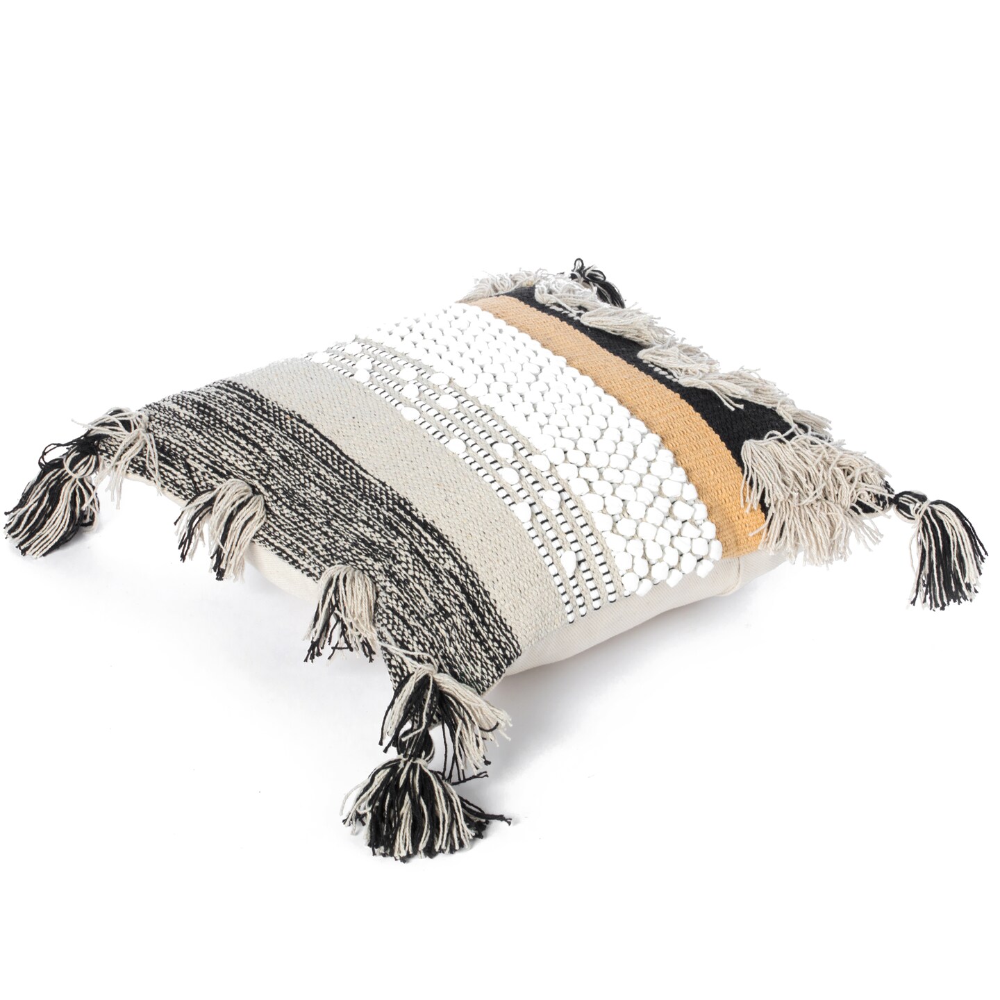 16&#x22; Boho Handwoven Cotton Throw Pillow Cushion Cover with Tassels, Beige