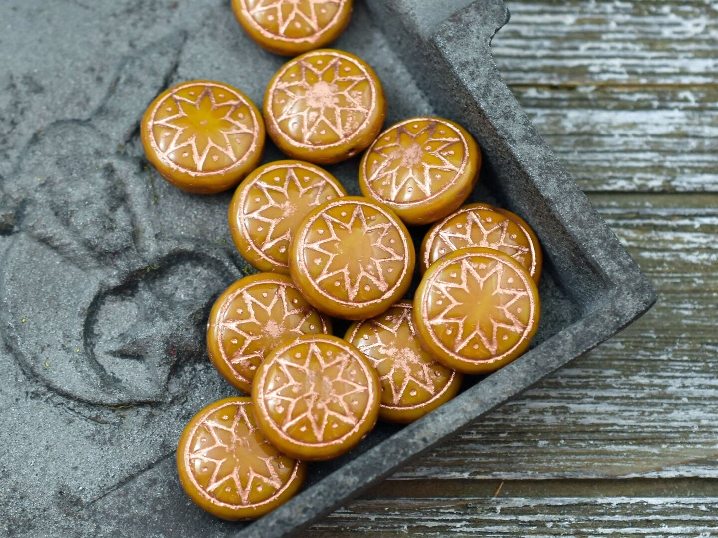 *6* 13mm Copper Washed Opaque Ocre Ishtar Coin Beads Michaels